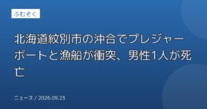 北海道紋別市の沖合でプレジャーボートと漁船が衝突、男性1人が死亡